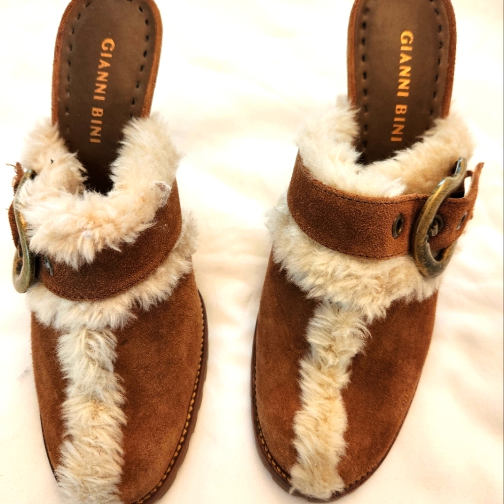 Gianni Bini Brown and Cream Fur-Lined Mules